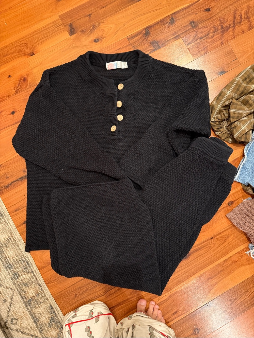 Free People Black Textured Crewneck Sweater with Wood Buttons